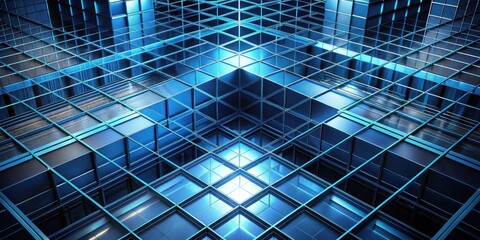 Poster - Abstract Blue Metallic Grid Structure A Complex Interlocking Pattern of Cubes and Lines