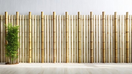 Aufkleber - Serene Minimalist Interior Design Featuring a Bamboo Wall and Small Potted Plant