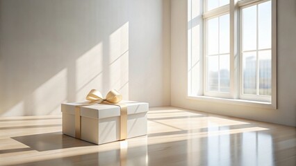 Aufkleber - A Beautifully Wrapped Gift Box Rests on a Light Wooden Floor Bathed in Sunlight Streaming Through a Large Window