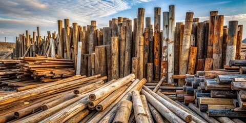 Aufkleber - A large stockpile of weathered wooden posts and beams, stacked and arranged in an outdoor setting, showcasing various sizes and hues of brown and tan, under a partly cloudy sky.