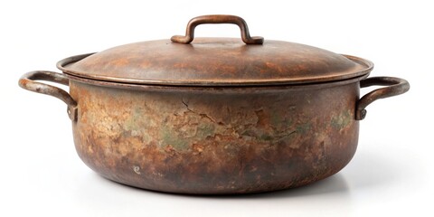 Aufkleber - A Rustic, Aged, Metal Cooking Pot with a Lid and Handles, Showing Signs of Wear and Patina