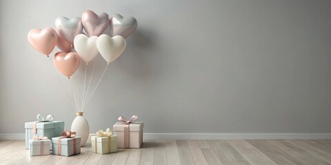 Poster - Heart-shaped balloons and presents in a minimalist room setting