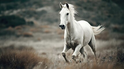 Naklejka na meble White horse on dark mode with blurred background