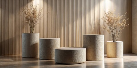 Poster - Elegant display featuring textured cylindrical pedestals and dried floral arrangements against a backdrop of vertical wood paneling.