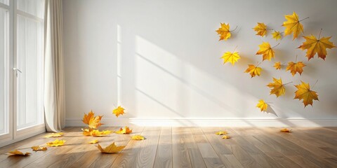 Poster - Autumnal Interior Sunlight Illuminates Empty Room with Golden Leaves on Wall and Floor
