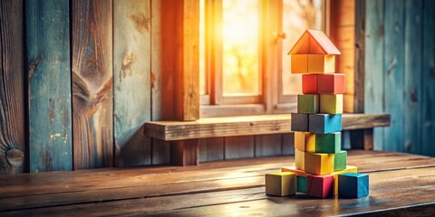 Poster - A colorful block tower, resembling a house, stands proudly on a rustic wooden surface, bathed in the warm glow of sunlight streaming through a nearby window.