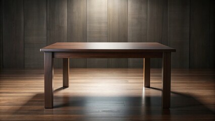 Aufkleber - A polished dark wood table sits centrally in a dimly lit room, showcasing its rich grain and simple elegance against a textured wall