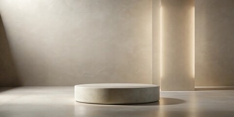 Fototapete - Minimalist Round Pedestal in a Softly Lit Room with Neutral Walls and Subtle Lighting Accents