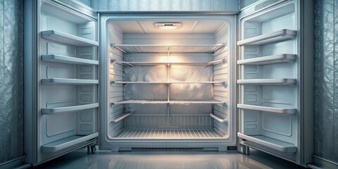 Poster - An empty refrigerator with frost buildup on the interior shelves and walls, its doors open wide, revealing a chilling, desolate emptiness inside