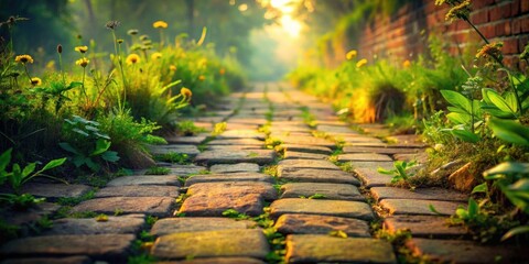 Aufkleber - Golden Hour Pathway A Sunlit Cobblestone Lane Lined with Vibrant Spring Flowers