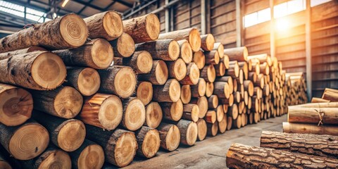 Aufkleber - A massive stack of neatly arranged, freshly cut tree logs rests inside a rustic warehouse, bathed in the warm glow of sunlight streaming through high windows.