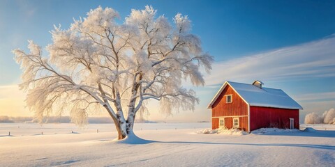 Aufkleber - Serene Winter Landscape Frost-Covered Tree and Rustic Red Barn in a Snowy Field at Sunrise