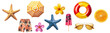 © TANATPON - Set of summer beach accessories including starfish, umbrella, float, flowers and sunglasses isolated on transparent background.