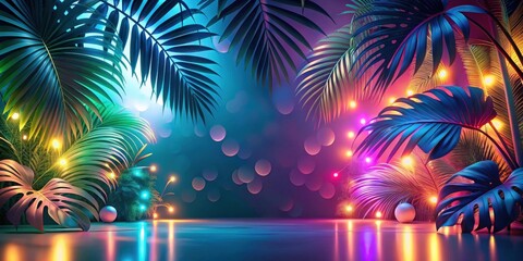 Poster - Vibrant Tropical Foliage Illuminated by Festive String Lights, Creating a Dreamlike and Evocative Scene with a Sleek, Reflective Surface