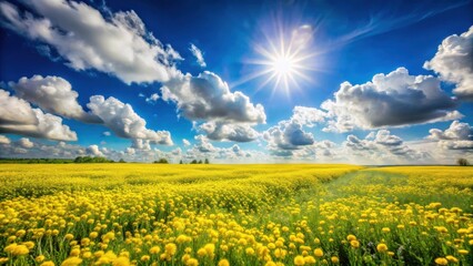 Aufkleber - Sunlit Meadow of Golden Blooms Under a Vivid Sky with Puffy Clouds