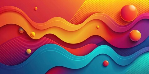 Aufkleber - Vibrant Abstract Waves with Colorful Spheres A Dynamic Composition of Layered Curves and Spheres in a Spectrum of Hues