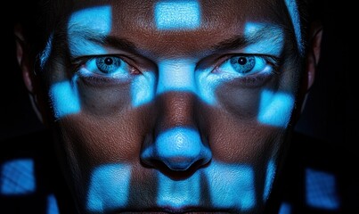 Man's face illuminated, digital grid overlay, dark background, tech concept