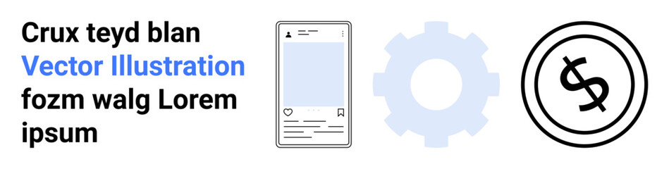 Smartphone interface mockup, gear icon, and dollar symbol for digital content, settings, e-commerce, fintech, business development, app design and online services. Ideal for abstract line flat