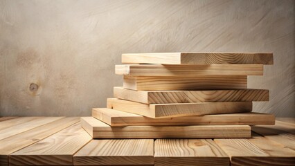 Aufkleber - Neatly Stacked Light Wood Planks on a Wooden Surface Against a Rustic Background