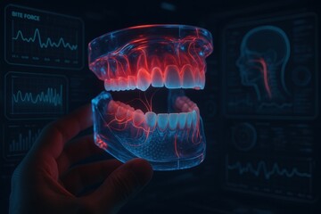 Poster - Dental Digital Diagnostic: A state-of-the-art digital rendering of a complete dental arch is displayed, bathed in neon, against a futuristic digital interface showing scientific analysis. 