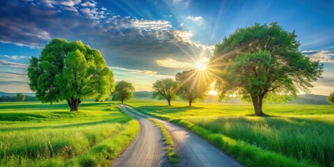 Poster - Serene Country Road at Sunset with Lush Greenery and Sun Rays Illuminating Majestic Trees