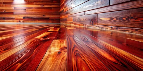 Aufkleber - Richly Stained Wood Floor and Wall Corner Detail Showing Intricate Grain Patterns and Warm Tones