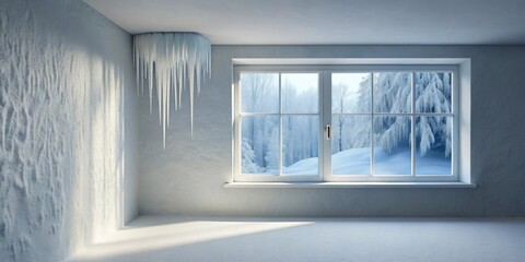 Poster - Icy Interior Winter Window View and Melting Icicles Hanging from Ceiling in an Empty Room