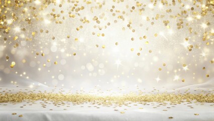 Poster - A Festive Celebration Scene with Falling Golden Confetti and Sparkling Lights on a Soft White Surface