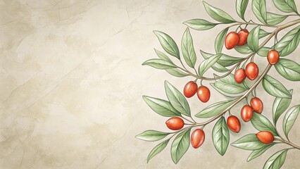 Fototapete - Elegant Botanical Illustration of a Branch with Abundant Red Berries and Lush Green Leaves on a Textured Background
