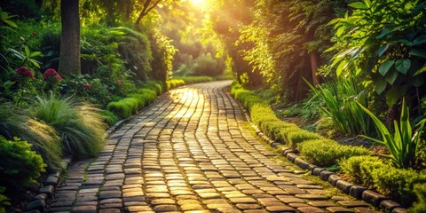 Poster - Serene Garden Path Illuminated by Golden Sunlight, Winding Through Lush Greenery and Blooming Flowers