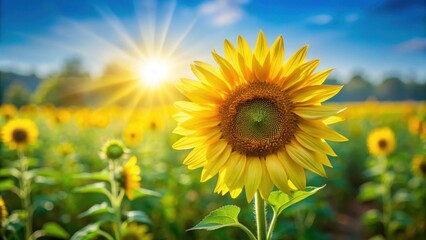 Aufkleber - A Vibrant Sunflower Basking in the Golden Sunlight of a Summer Day, Surrounded by a Field of Blossoming Sunflowers