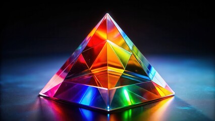 Poster - A vibrant, multifaceted crystal pyramid reflects a spectrum of colors, showcasing its intricate geometric design and radiant luminosity.