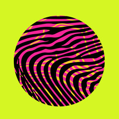 Fototapete - Vector illustration of a black and pink circle with wavy, psychedelic lines on a bright yellow background. The abstract pattern creates a vibrant, optical, and retro effect.