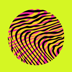 Fototapete - Vector illustration of a black and pink circle with wavy, psychedelic lines on a bright yellow background. The abstract pattern creates a vibrant, optical, and retro effect.