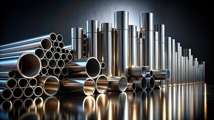 Aufkleber - A Gleaming Array of Metal Tubes and Pipes in a Dark Studio Setting, Showcasing a Variety of Diameters and Lengths, Highlighting the Reflective Surfaces and Industrial Aesthetics
