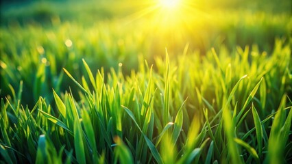 Poster - Vibrant Green Blades Illuminated by the Warmth of the Setting Sun, a Close-Up View of Nature's Renewal