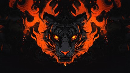  Fiery tiger head, dark background, graphic art, game design