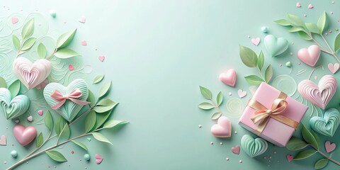 Fototapete - Pastel Hearts and Gift Box with Green Leaves A Romantic Festive Arrangement