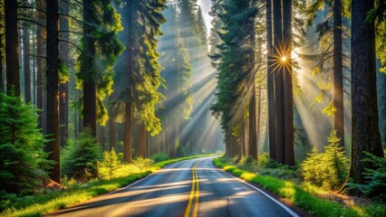 Aufkleber - Sunbeams Illuminate a Winding Road Through a Majestic Evergreen Forest