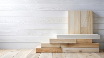 Leinwandbilder - Wooden blocks arranged in a stair-step pattern against a white wood background