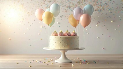 Poster - Delightful pastel confection, adorned with pastel balloons, rests on a pristine cake stand amidst scattered sprinkles, a joyful celebration scene.