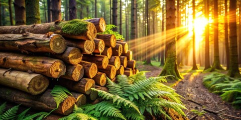 Aufkleber - Golden hour sunbeams illuminate a stack of logs nestled amongst vibrant ferns in a tranquil woodland setting