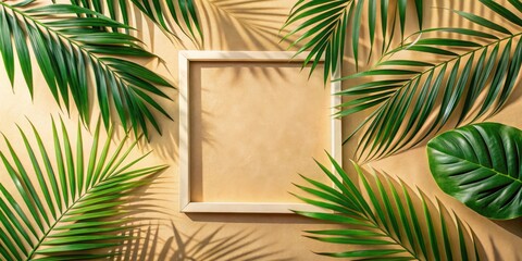 Aufkleber - Sunlight Illuminates a Wooden Frame Adorned with Lush Tropical Foliage and Casts Intriguing Shadows