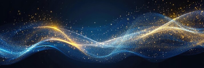 Poster - abstract blue and gold particle wave on dark background