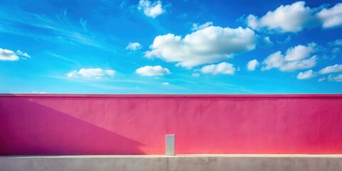 Poster - Pink Wall, Bright Blue Sky, and a Single White Block A Minimalist Outdoor Scene