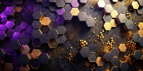 Poster - Abstract Hexagon Pattern with Gold and Purple Accents on a Dark Background