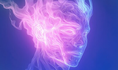 Aufkleber - abstract digital face made of pink and blue glowing particles on dark blue gradient background for f