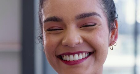 Poster - Business woman, face and smile in office for creative career, confidence and writing ambition. Copywriting, agency and editor with happiness at work for seo in Brazil, pride and positivity in job