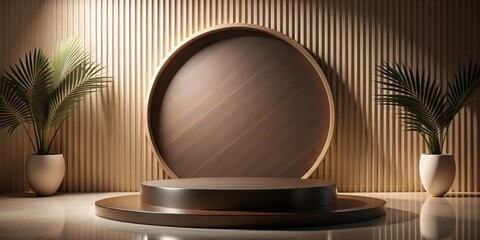 Fototapete - Elegant Minimalist Product Display with Subtle Lighting and Tropical Accents