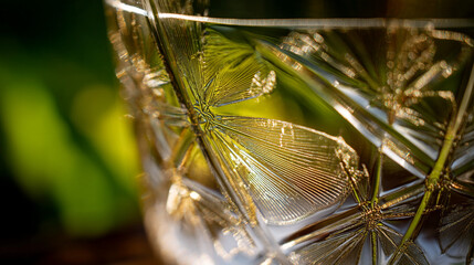 Poster - Close up shot of a crystal glass with intricate patterns reflecting green foliage in the background light